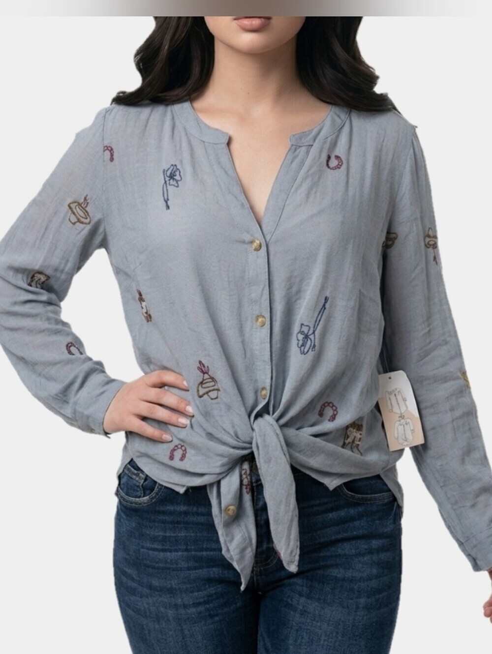 Fig & Flower Cowboy Themed Long Sleeve Button Down Blouse Size 1X